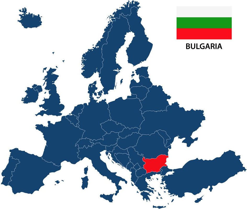 Map of Europe. Bulgaria is located in the East, above Turkey.